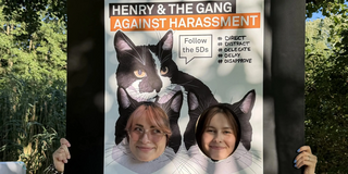 Zwei Personen halten ein großes Plakat vor sich, das ihre Körper verdeckt und nur ihre Gesichter durch zwei runde Ausschnitte zeigt. Das Plakat zeigt oben zwei Katzenköpfe mit schwarzem Fell und weißen Abzeichen. Darüber steht in großen Buchstaben: 'HENRY & THE GANG AGAINST HARASSMENT'. Darunter befindet sich ein Kasten mit dem Text: 'Follow the 5Ds'. Rechts daneben sind fünf Begriffe aufgelistet: 'DIRECT', 'DISTRACT', 'DELEGATE', 'DELAY', 'DOCUMENT'. Unten auf dem Plakat steht: 'SchuDs' und darunter: 'Zentrale Beratungsstelle zum Schutz vor Diskriminierung und sexualisierter Gewalt'. Im Hintergrund sind Bäume und Sonnenlicht zu sehen.