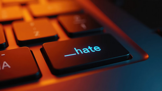 Es ist das Bild einer Tastatur zu sehen. Eine Taste im Vordergrund steht im Fokus. auf dieser Taste steht Das englische Wort Hate